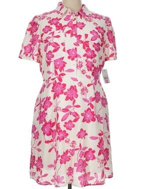 NWT Ophelia Roe Classic Button-Front Mini Shirt Dress White & Pink Floral XL